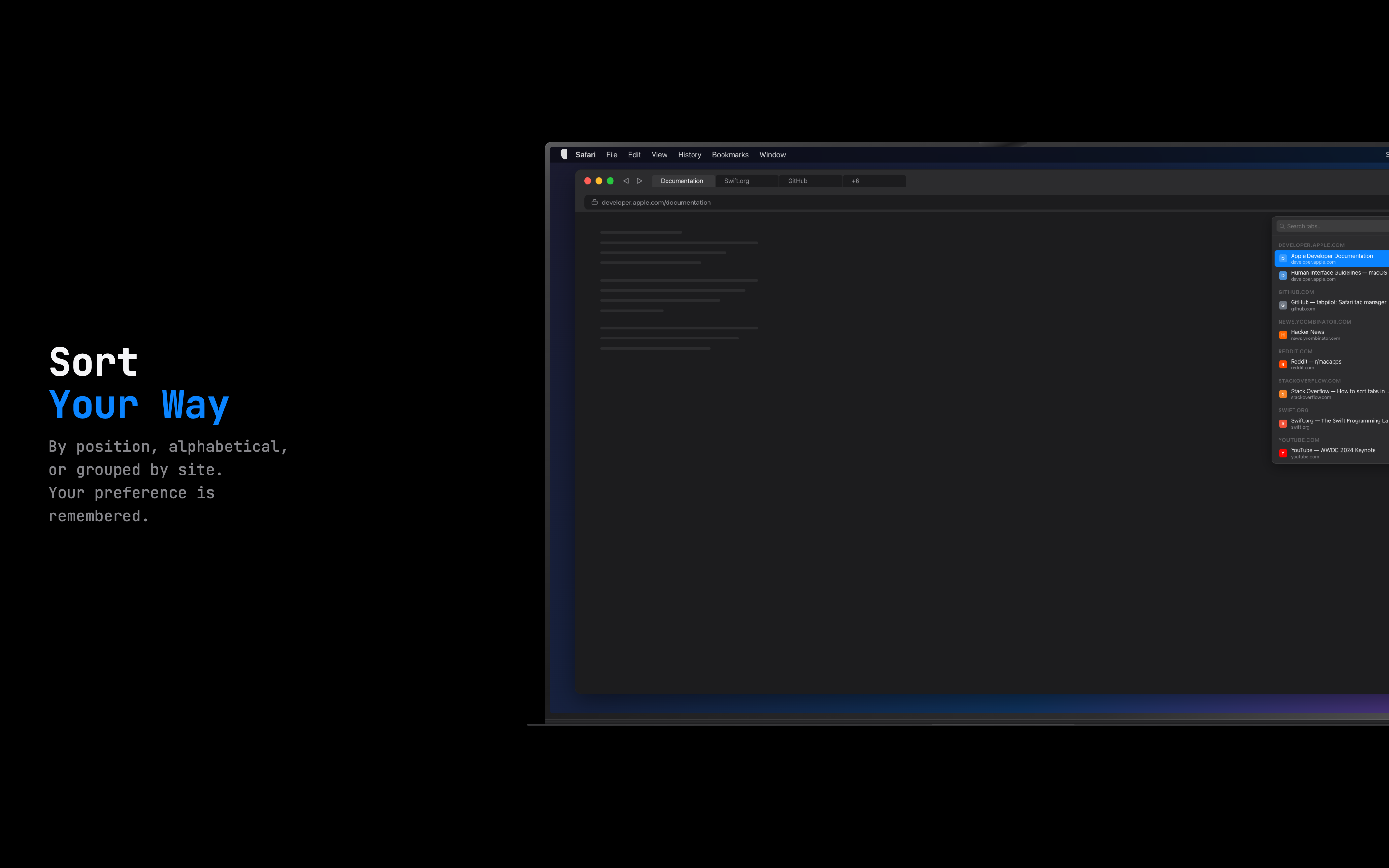 TabScope sort modes: by position, alphabetical, by site